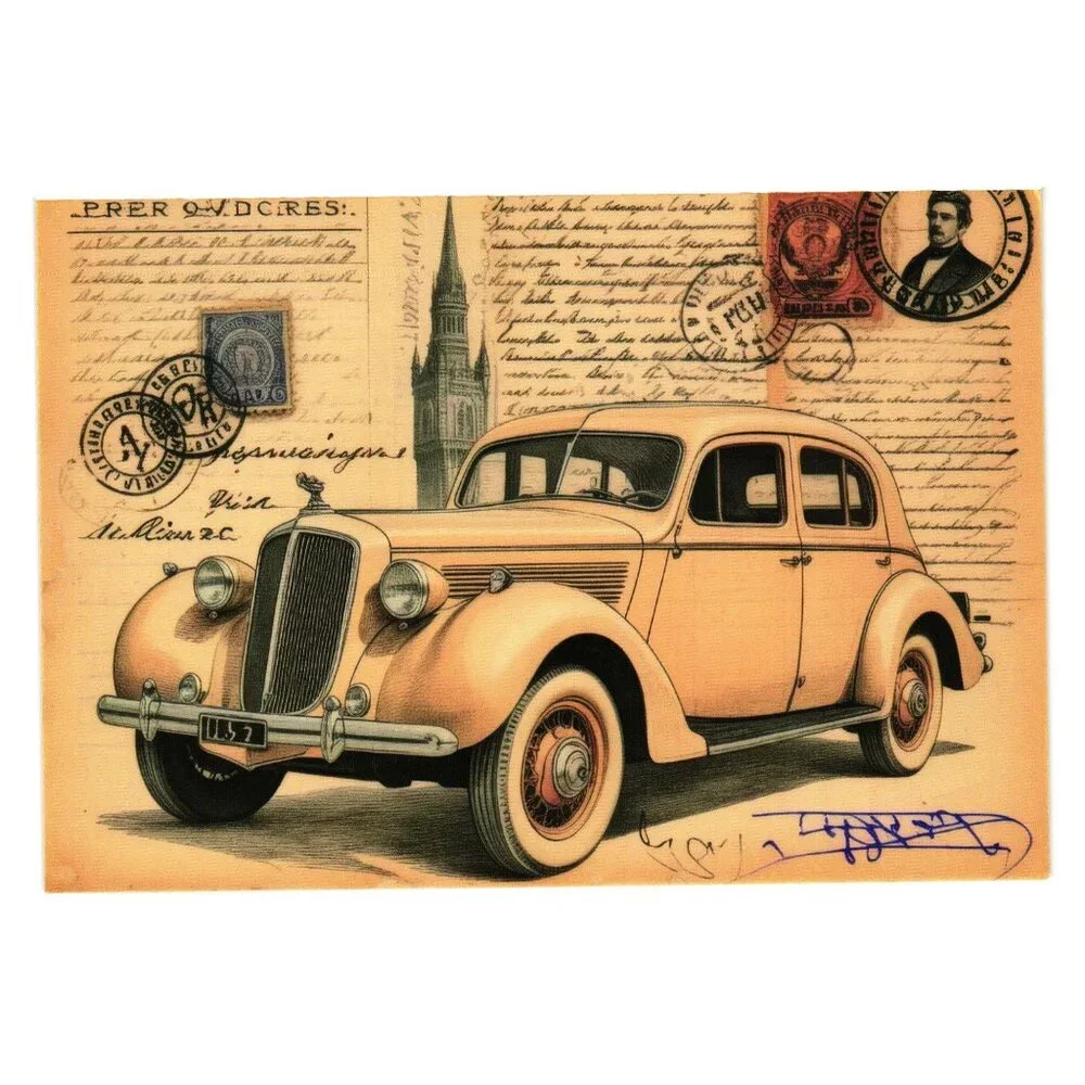 Vintage Car Illustration Postcard Antique European Car Classic Man Cave Gift